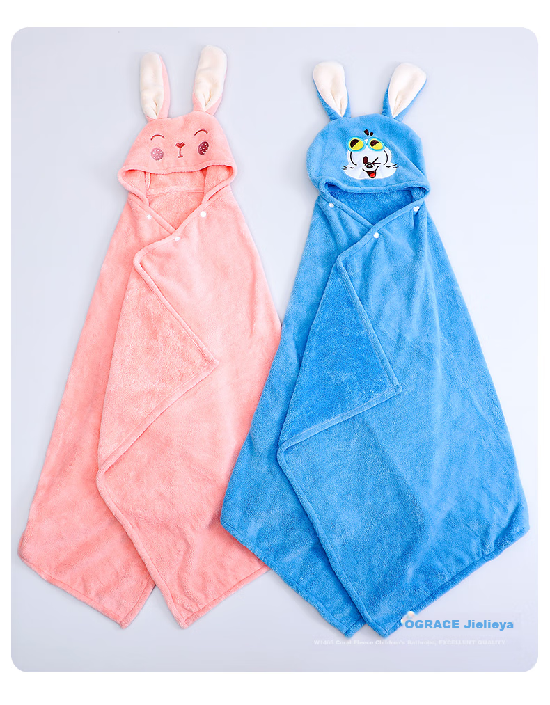 Grace Children's Bath Towel, Soft Coral Fleece, Quick-Drying Baby Bathrobe with Hood, Thickened Long-Eared Rabbit Blue Sports Desig 19
