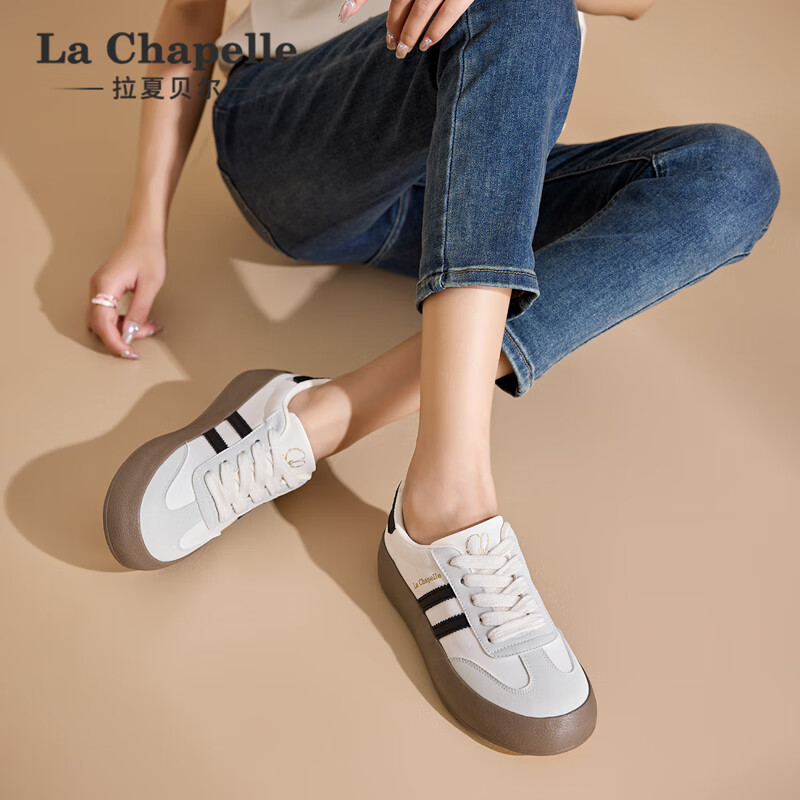La Chapelle Women's Shoes, Training Shoes for Women, Versatile Thick-Soled White Sneakers, Low-Top Casual Skateboard Shoes for Women-079BR Beige/black 37