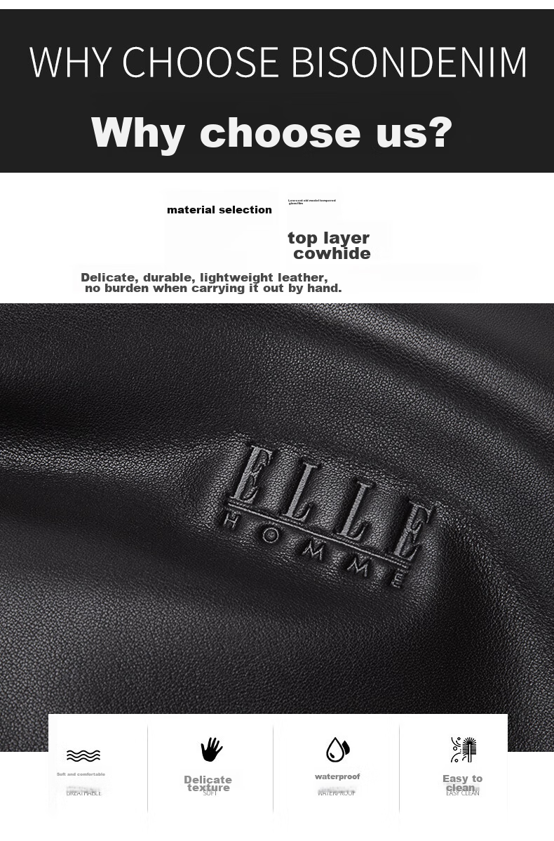 ELLE HOMME Men's Briefcase, Fashionable Genuine Leather Handbag, Casual Business Laptop Bag, Cowhide Men's Bag, 262510 Black 6
