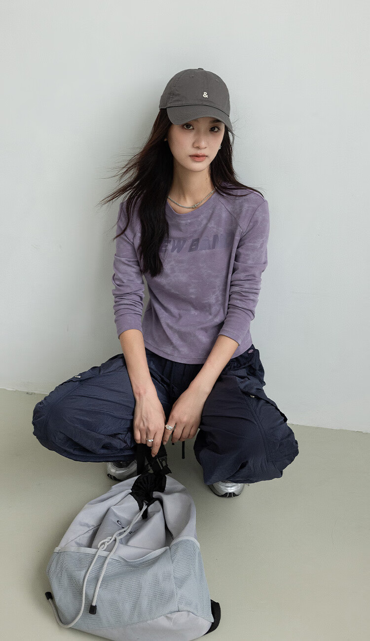 DME Right Shoulder Printed T-Shirt 2025 Spring Autumn Unique Gray Tie-Dye Layered Lightweight Soft Versatile Top 2