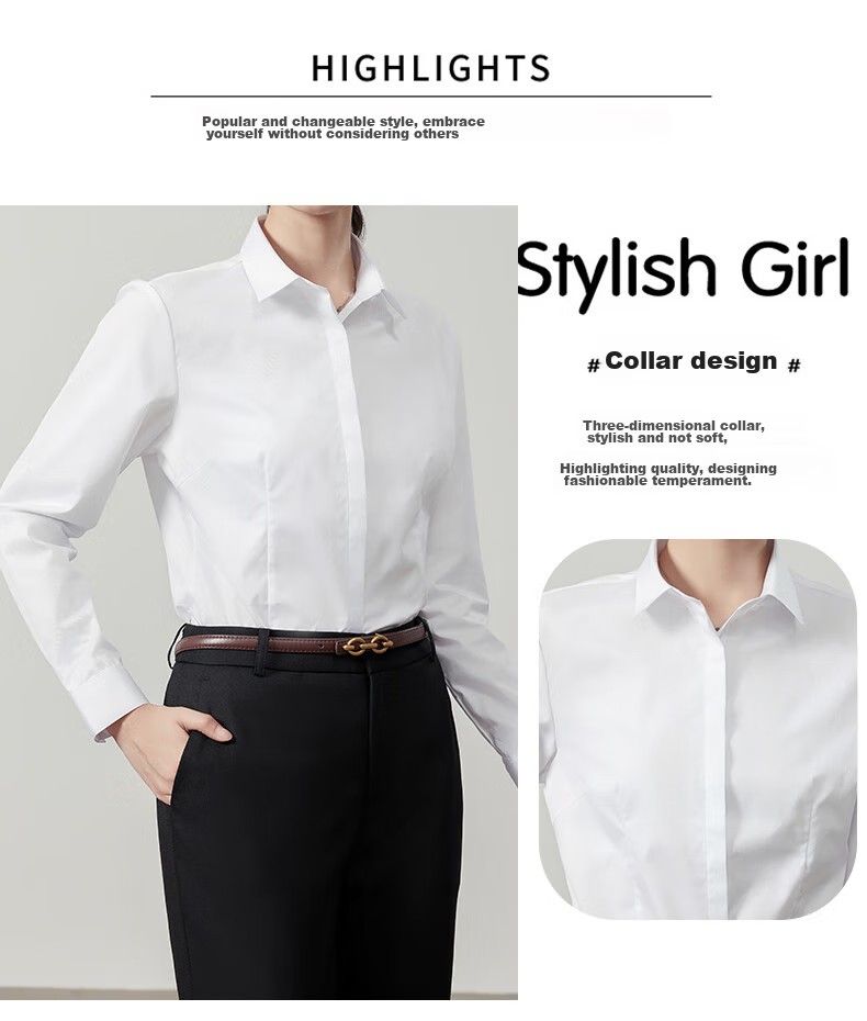XUEXIMAN Long-Sleeve White Shirt, Slim Fit, Square Collar, Suitable for Spring And Autumn, Professional Attire, Formal Wear, Elegant Top, Work Uniform for Wome 7