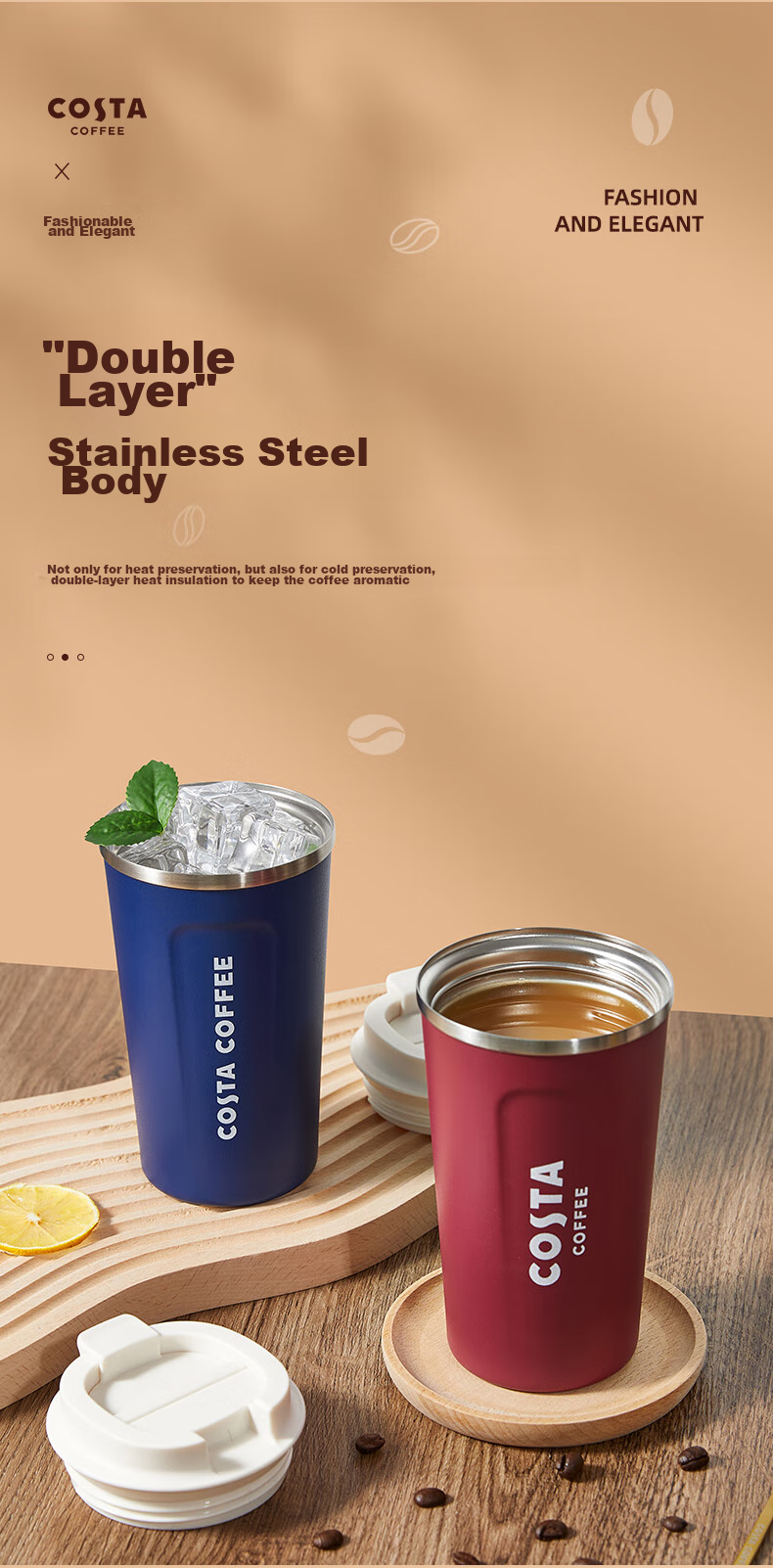 COSTA Stainless Steel Coffee Mug with Lid, Portable Travel Cup for Men And Women, Car-Friendly Insulated Water Bottle, Gift 5