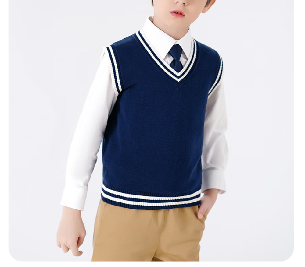 Luomeng Children's School Uniform Spring And Autumn Boys Girls Knitted Vest Set, Navy Blue White Trim Knitted Waistcoat, Size 150 20
