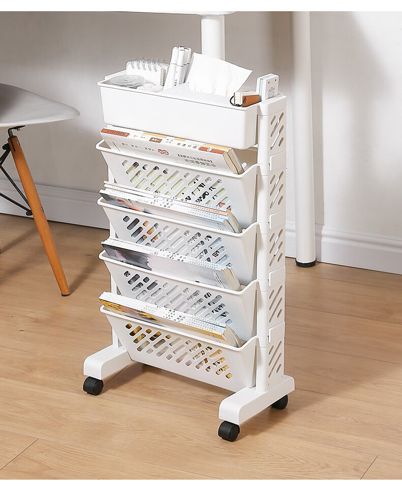 Jinlongxing Mobile Bookshelf, Classroom Desk Side Storage Rack, Floor-Standing Book Organizer with Wheels, Magazine Rack, Six-Tier 13