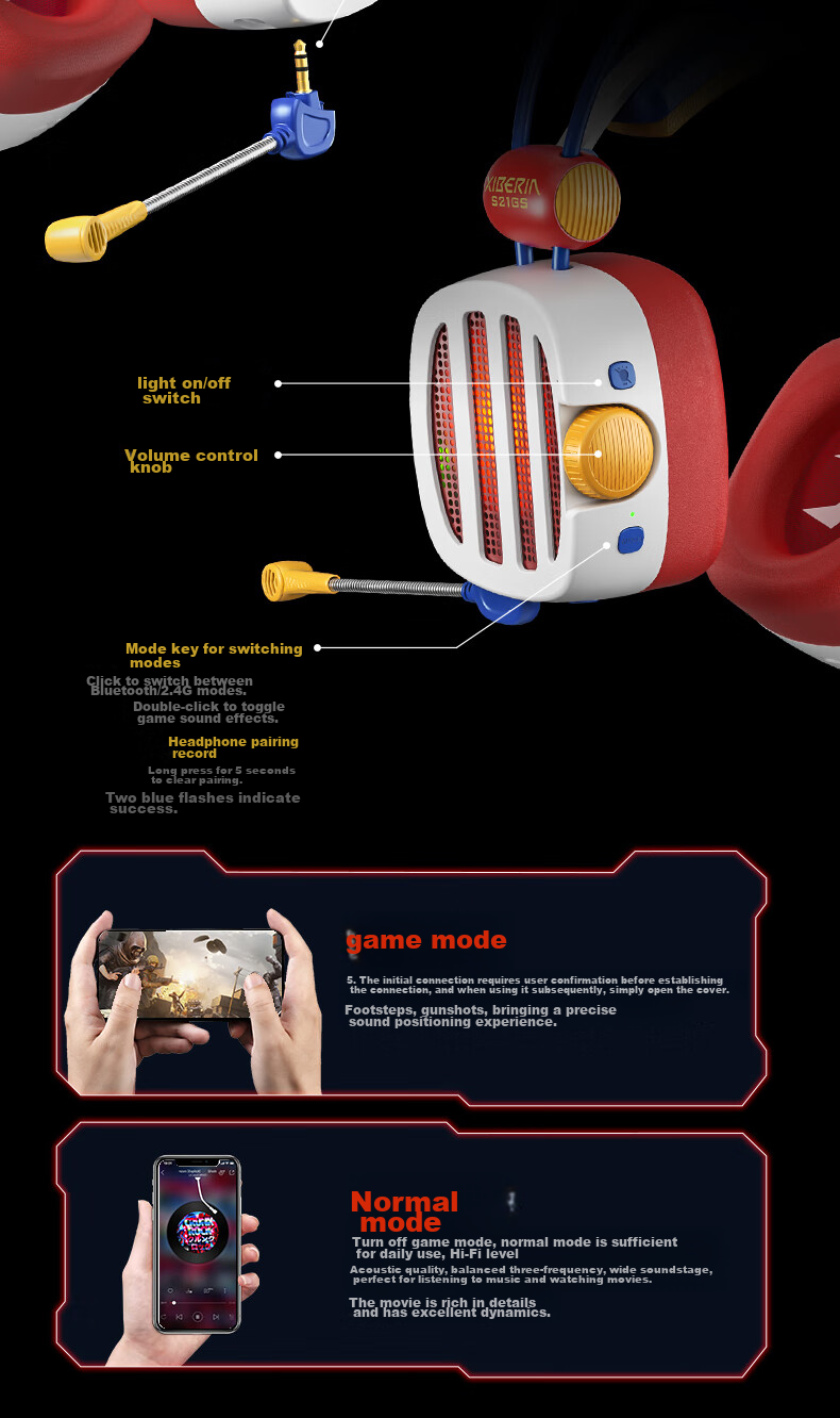 XIBERIA S21GS Flame Storm Bluetooth Gaming Headset, 2.4G True Wireless Over-Ear, Long Battery Life, Low Latency, Tri-Mode Mobile And Computer E-Sports Headphones 15