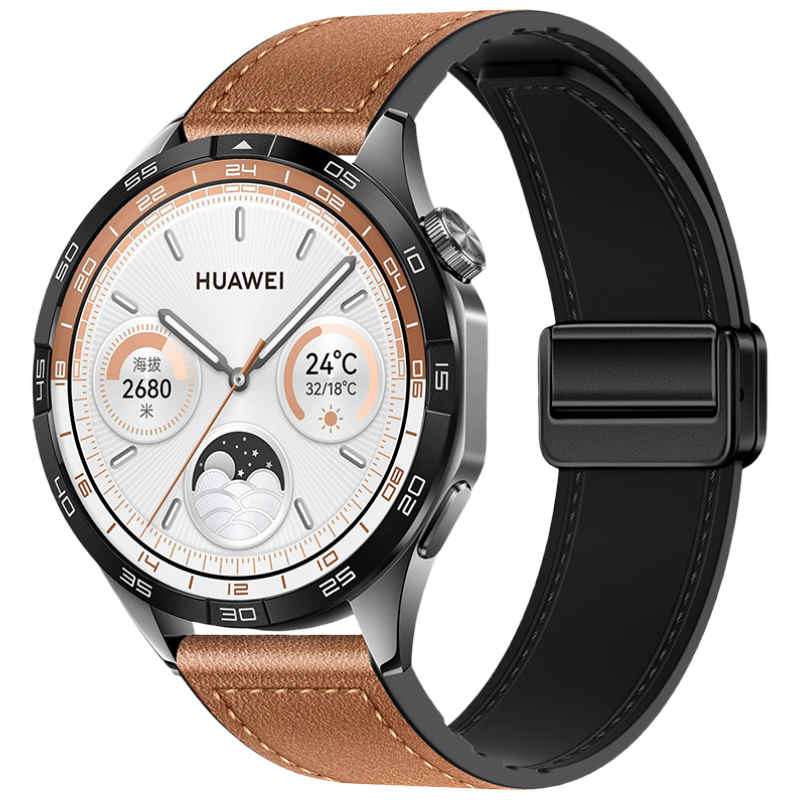 Weiqiantu Compatible Leather Watch Strap for Huawei GT6/GT5/5pro/GT4/WATCH5 with Dual Magnetic Clasp, 41/42mm Dial | 18MM Interface [Brown - Classic Style]