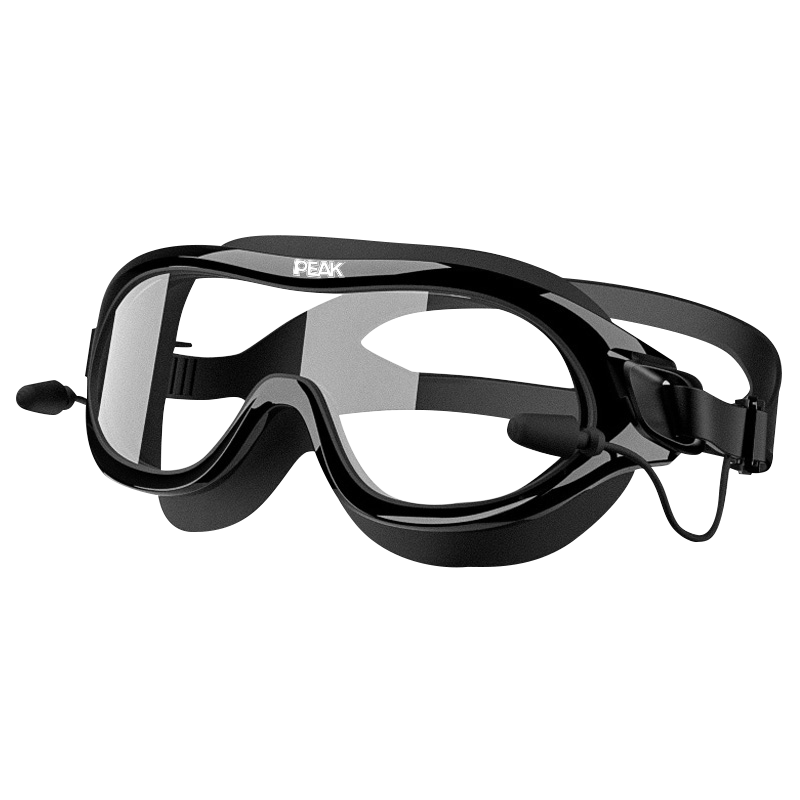 PEAK High-Definition Anti-Fog Waterproof Large Frame Integrated Earplugs for Men And Women, Adult Swimming Goggles, Large Frame for Myopia up to 600 Degrees, Black