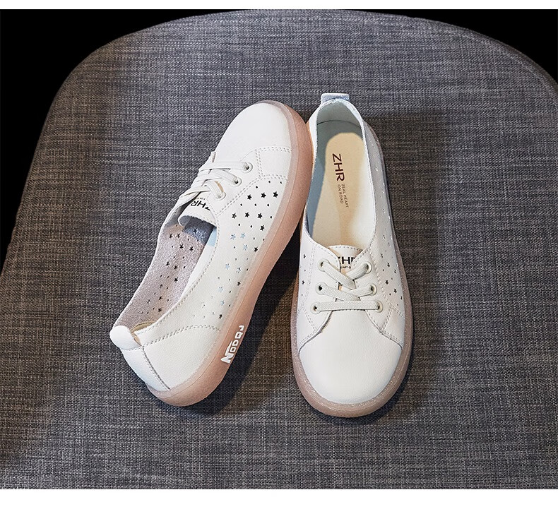 ZHR White Sneakers for Women, Contrasting Color Versatile Casual Shoes, Genuine Leather Women's Shoes, A70 Beige, Size 37 15
