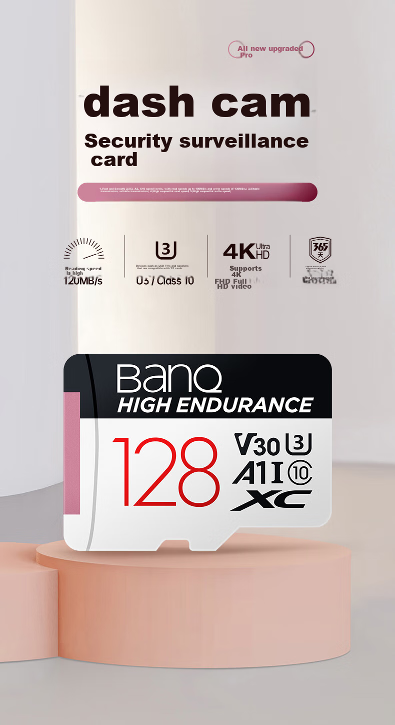 Banq 128GB TF (MicroSD) Memory Card A1 U3 V30 4K Dash Cam & Security Monitoring Dedicated Memory Card, Highly Durable 2