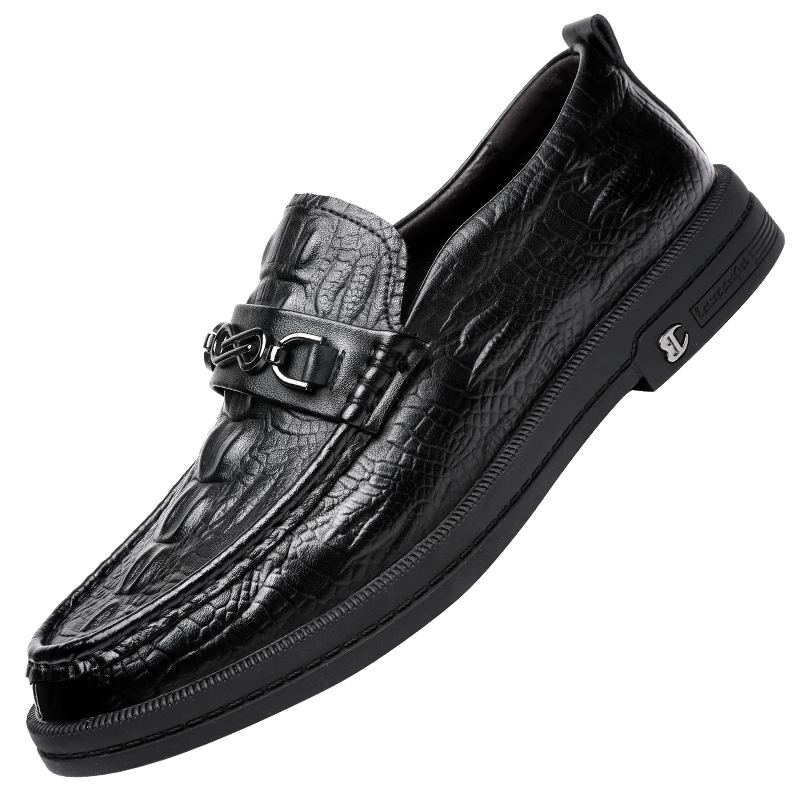 CARTELO Crocodile Pattern Men's Leather Shoes, Breathable Slip-On Loafers, Formal Dress Shoes for Men 9597, Black, Size 40