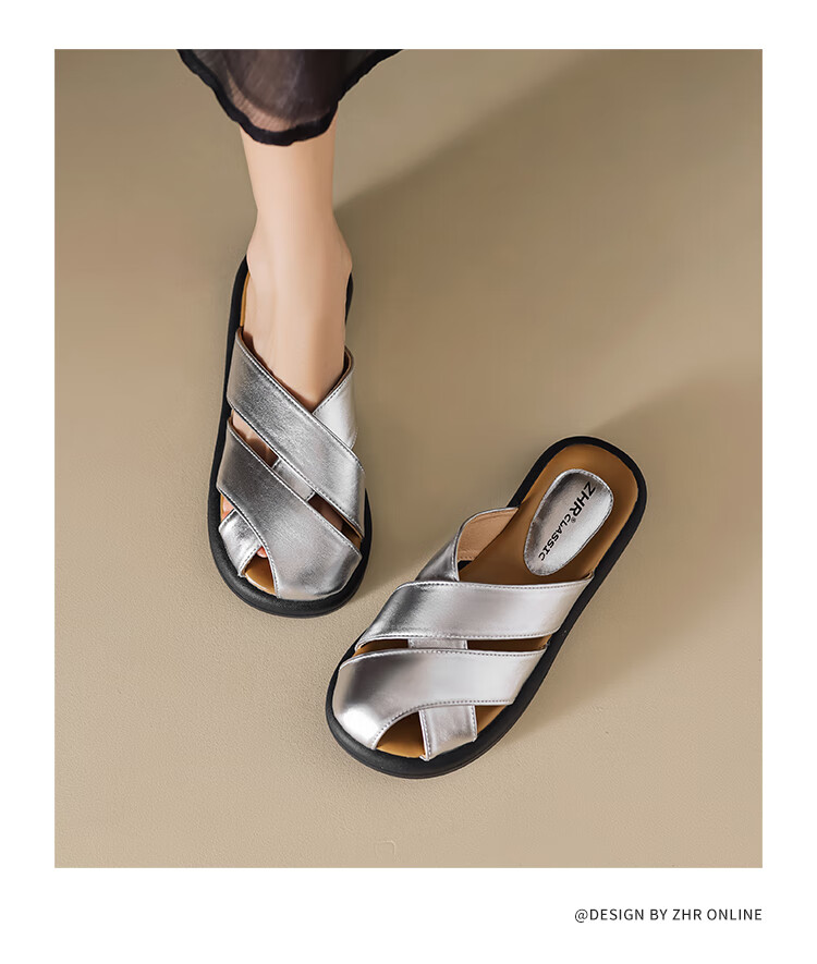 ZHR Women's Half Slippers, New Summer Style with Cross Straps And Closed-Toe Design, Fashionable Outdoor Sandals for Women, AB12 Beige Color, Size 40 14