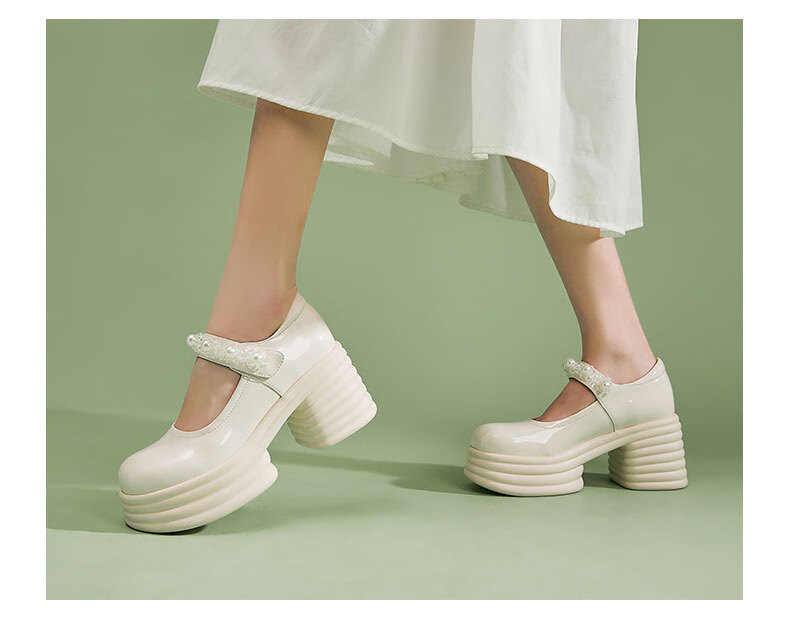 Daphne Ultra High Heel Mary Jane Women's Chunky Heel Height Increasing Oxford Shoes British Style Versatile Beige Leather Shoes Size 38 8