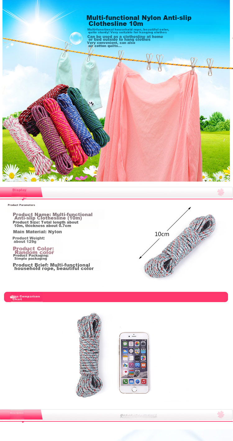 JAJALIN Nylon Clothesline Thickened for Drying Quilts And Clothes, Windproof Non-Slip Drying Rope, 10 Meters, Random Color 1