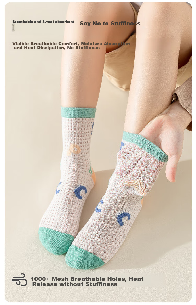 MiiOW Children's Socks, Summer Girls' Thin Breathable Mesh Cotton Socks, Cartoon Mid-Calf Socks for Older Children, Student Socks, 5 Pairs Per Pack 4