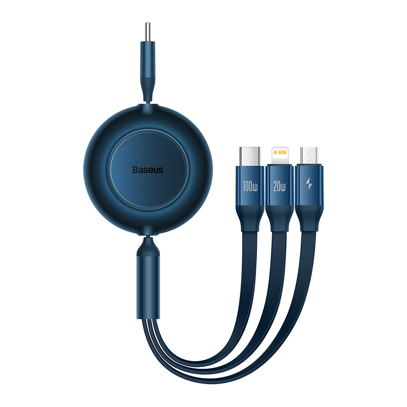 Baseus Type-C Data Cable Three-In Retractable Cord PD100W5A Fast Charging One-To Compatible with Apple 17/16/15/14 Xiaomi Huawei Mate70 Phones Tablets Car Charger Blue