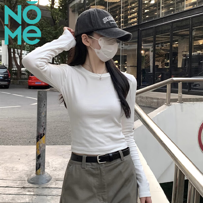 NOMe Long-Sleeve T-Shirt for Women, New Early Autumn Style, Slim-Fit Ribbed Inner Layer, Korean-Style Regular Shoulder Top, White, Size S
