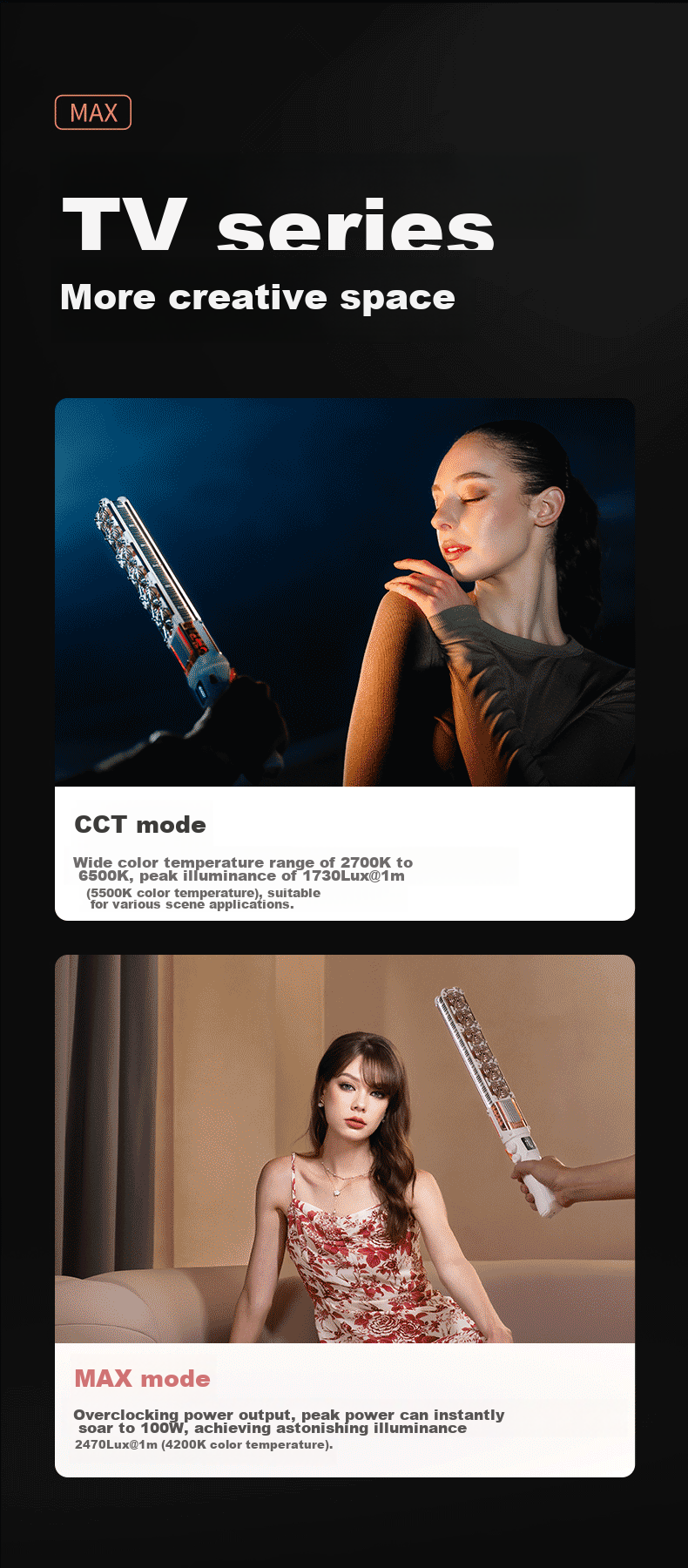 Zhiyun Five-Fold 100W Professional Fill Light Ice Light, Dual Color Temperature Double Heat Dissipation Handheld Portable Portrait Live Streaming Fill Light V60 Lightweight Black 10