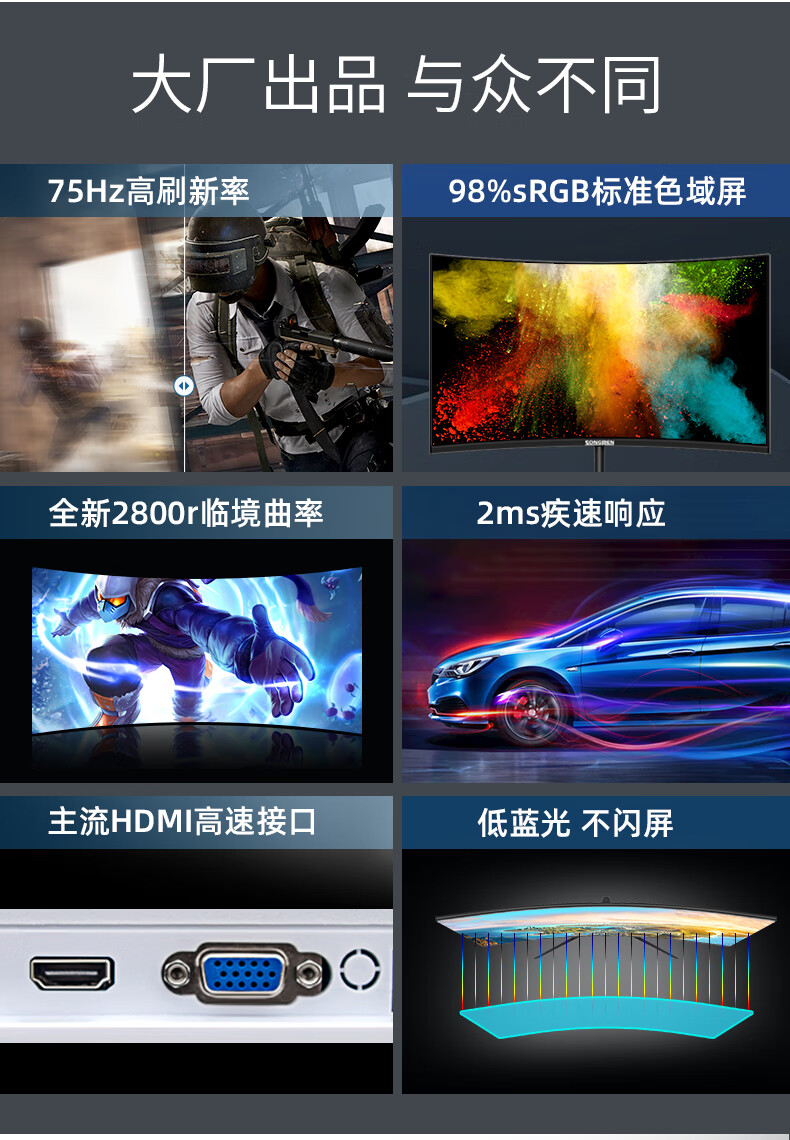 松人r24024英寸曲面显示器 高清hdmi液晶 家用办公台式 窄边框 广视角