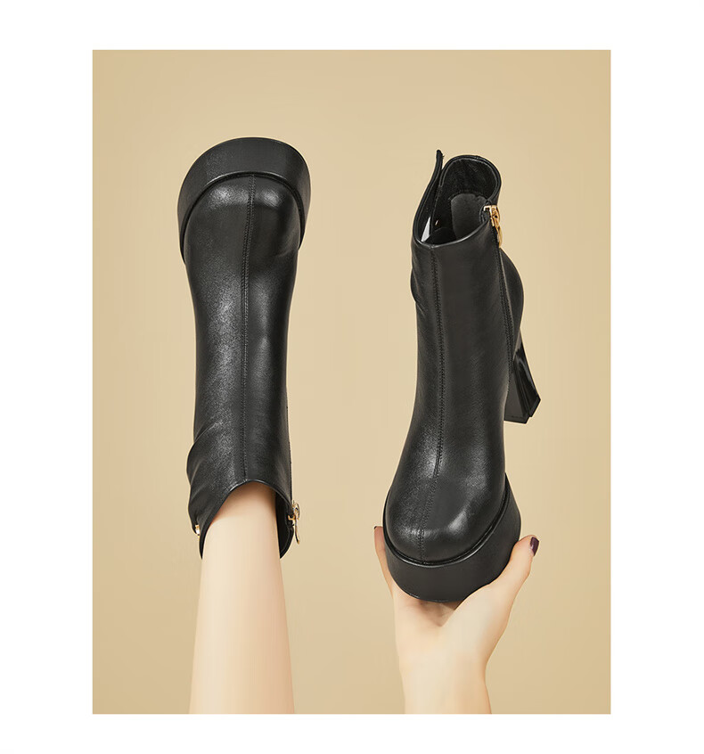DAPHNE Side Zipper Fashion Elegant High Heel Short Boots Women Thick Heel Fleece-lined Slim Boots Black 37 5
