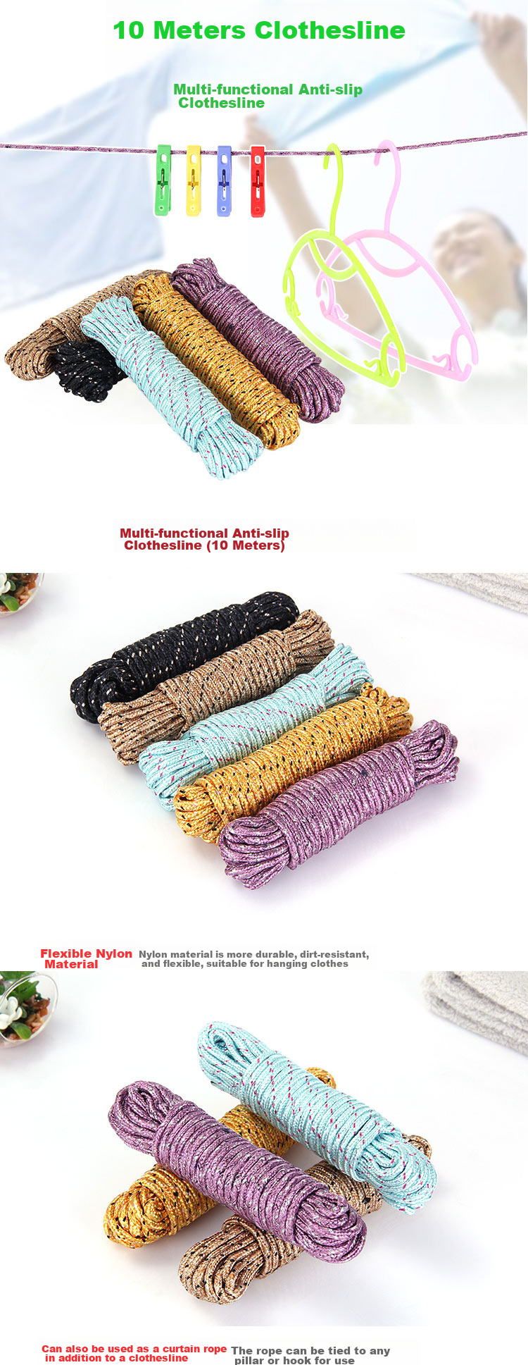 JAJALIN Nylon Clothesline Thickened for Drying Quilts And Clothes, Windproof Non-Slip Drying Rope, 10 Meters, Random Color 2