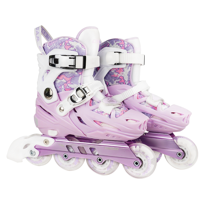 COUGAR Children's Adjustable Full-Flash Roller Skates, Flat Floral Casual Dual-Use Inline Skates, Purple And White, Size S (28-31)