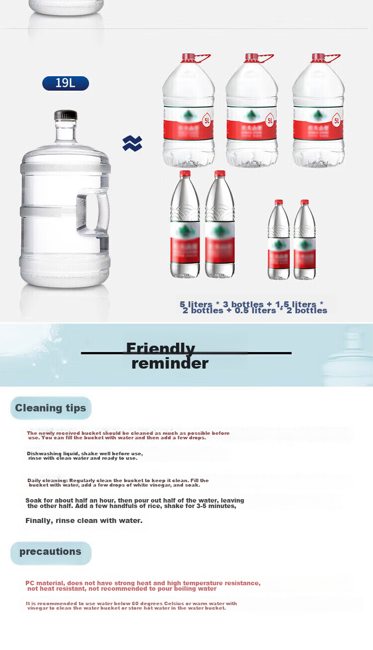 BJ Pure Water Bucket, Food-Grade PC Mineral Water Bucket Drinking Water Bucket, Bottled Water Dispenser Portable Transparent Water Bucket, Large Capacity 11.3L + Water Bucket Brush 12