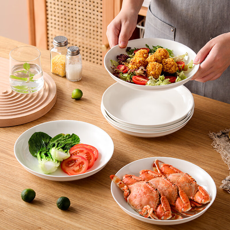 Jieyajie Ceramic Plates, Household White Porcelain Plates, 8-Inch Chinese Underglaze Color Dinner Plates, Soup Plates, Microwave Safe, Set of 6