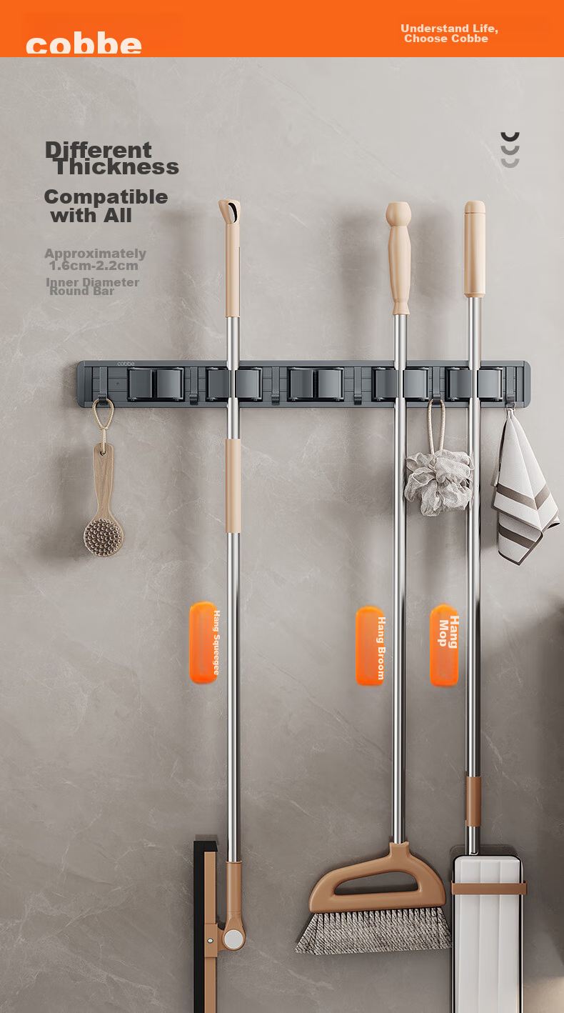 Cobbe Space Aluminum Mop Wall Hook, No Drilling Required, Broom And Cloth Holder, Bathroom Storage Organizer 7