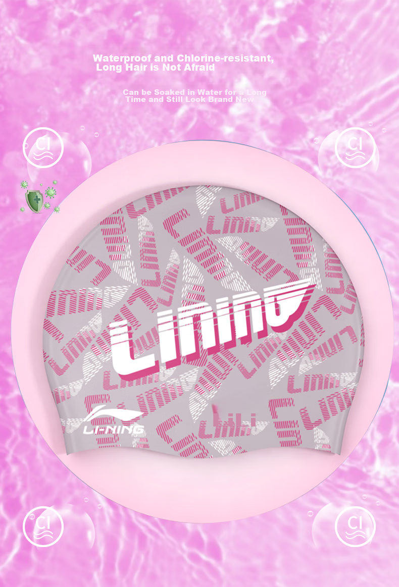 Li-Ning Swimming Cap, Long Hair Silicone Waterproof Swim Cap, Unisex Fashion Printed Comfortable Non-Binding Swim Cap LNMT522-1 White 3