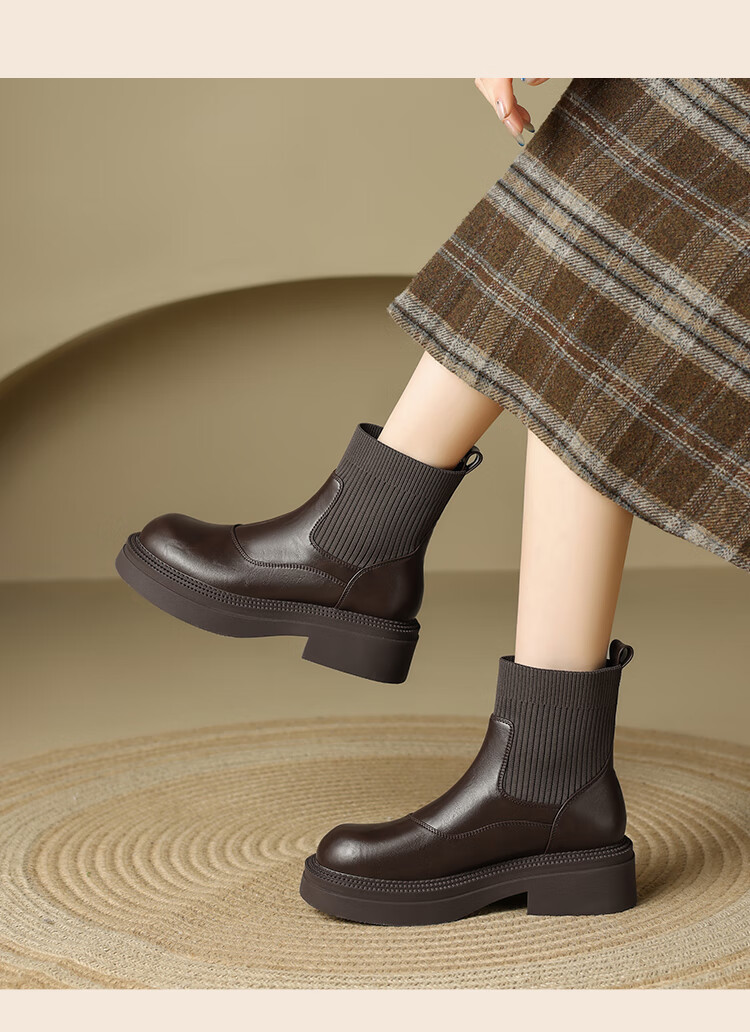 ZHR Elastic Socks Boots Women Autumn Winter Fleece Thick Sole Height Increasing Slimming Soft Sole British Short Boots EH255A Black 36 8