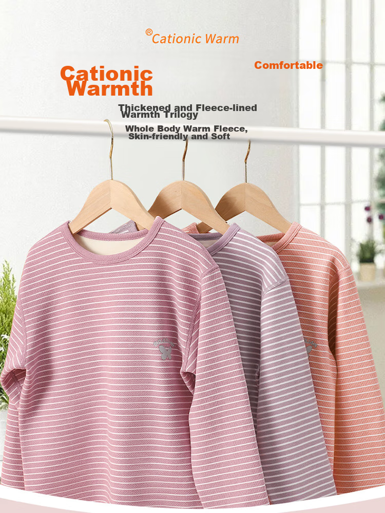 LangSha Children's Thermal Underwear Set, Girls' Autumn And Winter Yang Ion Fleece Pajamas, Home Wear, Girls' Autumn Top And Pants Set, Pink-Wide Stripes, 130 (Recommended Height 120-130cm) 4