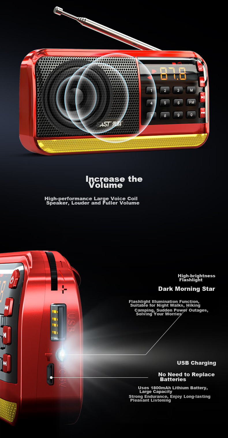 SAST V30 Black, Radio for Elderly, Rechargeable, Portable, Card-Insertable, Pocket-Sized, Mini Personal Radio, Campus Broadcasting, FM Tuning, Digital Player 12