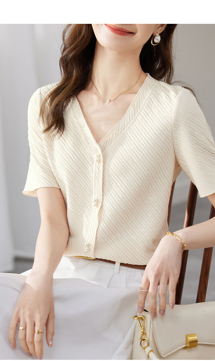 Sentubila Gentle V-Neck Pearl Button Short-Sleeve T-Shirt for Women, Summer Slimming Niche Design Top, Apricot Color, Size S 13