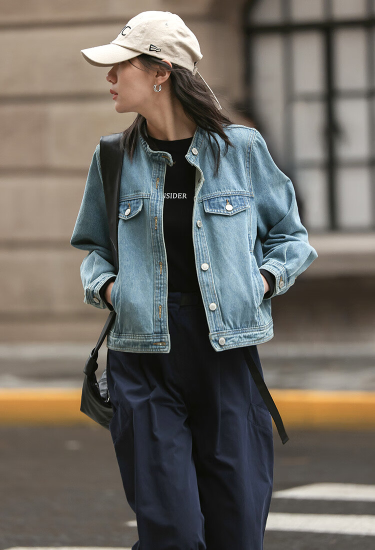 Dme Small Round Neck Denim Jacket Spring Straight Shoulder Sleeve Slim Fit Short Denim Jacket 4