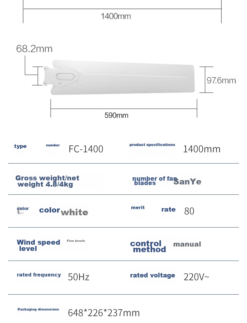 Wahson Ceiling Fan / Electric Fan / High-Power Dormitory Factory Rooftop Fan / Industrial Fan / Living Room Kitchen Dining Room Home Fan AC Fixed Frequency Fan 1.4 Meters FC-1400 12