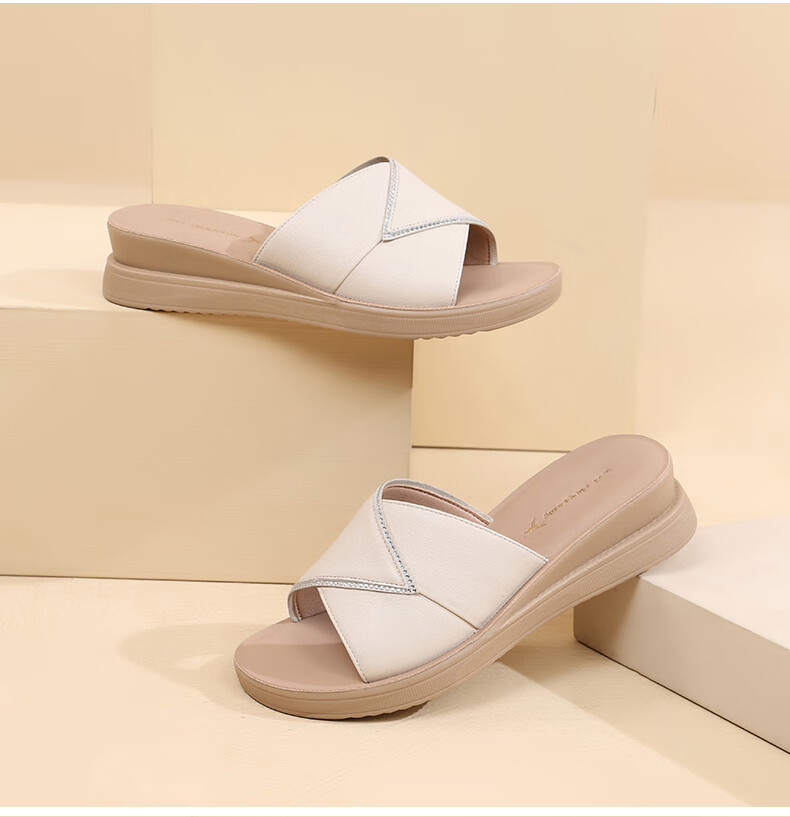 Hongqingting Mother's Day Slippers for Women, Outdoor Wear, Thick-Soled Wedge Roman Sandals, Soft-Bottomed Leather Flat Slippers, WTK233792 7