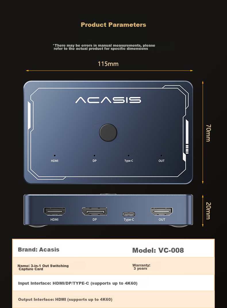 Acasis Video Capture Card, 4K 60Hz HD Video DP Capture Card, Multi-Channel Live Streaming Dedicated Switcher for Studio, HDMI/DP/Type-C Compatible, Phone Camera Recording, VC-008 16