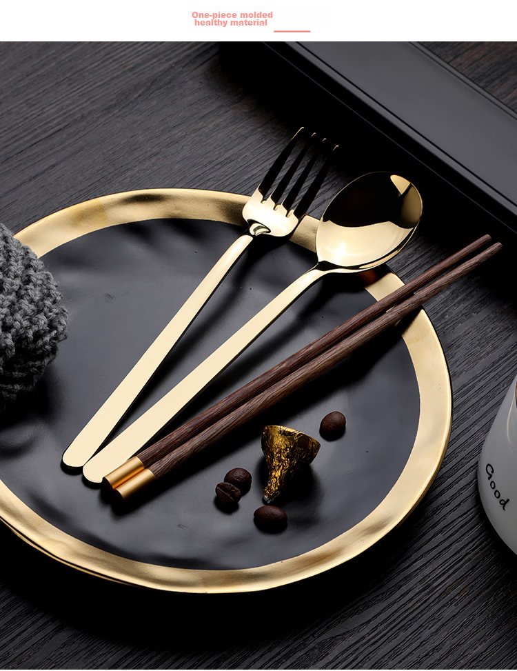 Shihua 304 Stainless Steel Spoon And Fork with Chicken Wing Wood Chopsticks Set, Four-Piece Portable Cutlery for Students, Adults And Travel 2