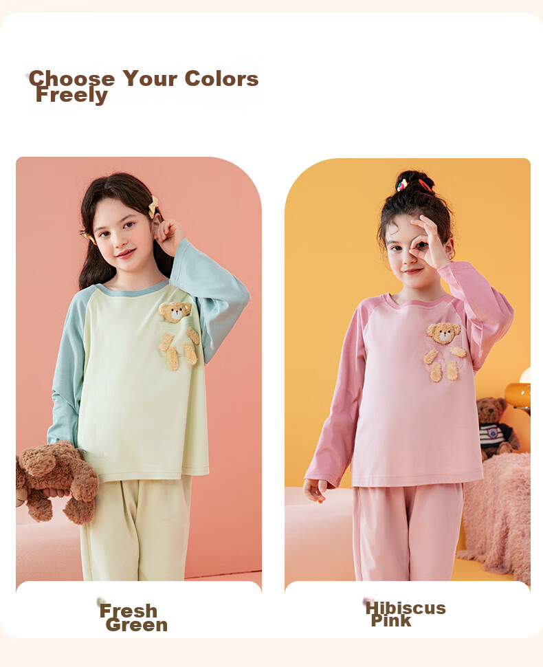 Fenteng Children's Pajamas for Girls, 100% Cotton Spring Season Three-Dimensional Bear Raglan Sleeve Sleepwear for Older Kids Q9FX257930976 13