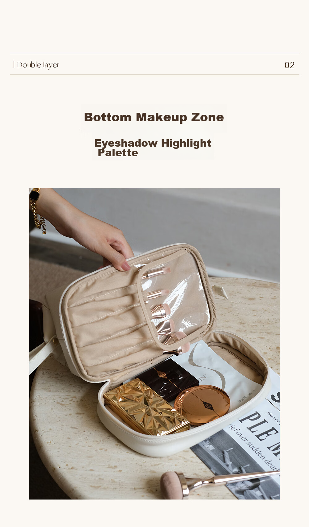 EACHY Large Capacity Portable Makeup Bag for Women, High-End Instagram Trendy Travel Toiletry Organizer Bag - Milk Apricot White XL 6
