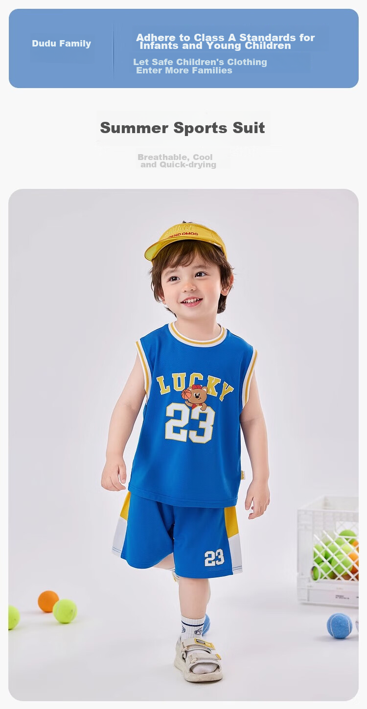 Dudujia Baby Quick-Dry T-Shirt Set, Summer Boys' Basketball Outfit, Stylish Children's Short-Sleeve Shorts Two-Piece Set, Blue, Size 100 1