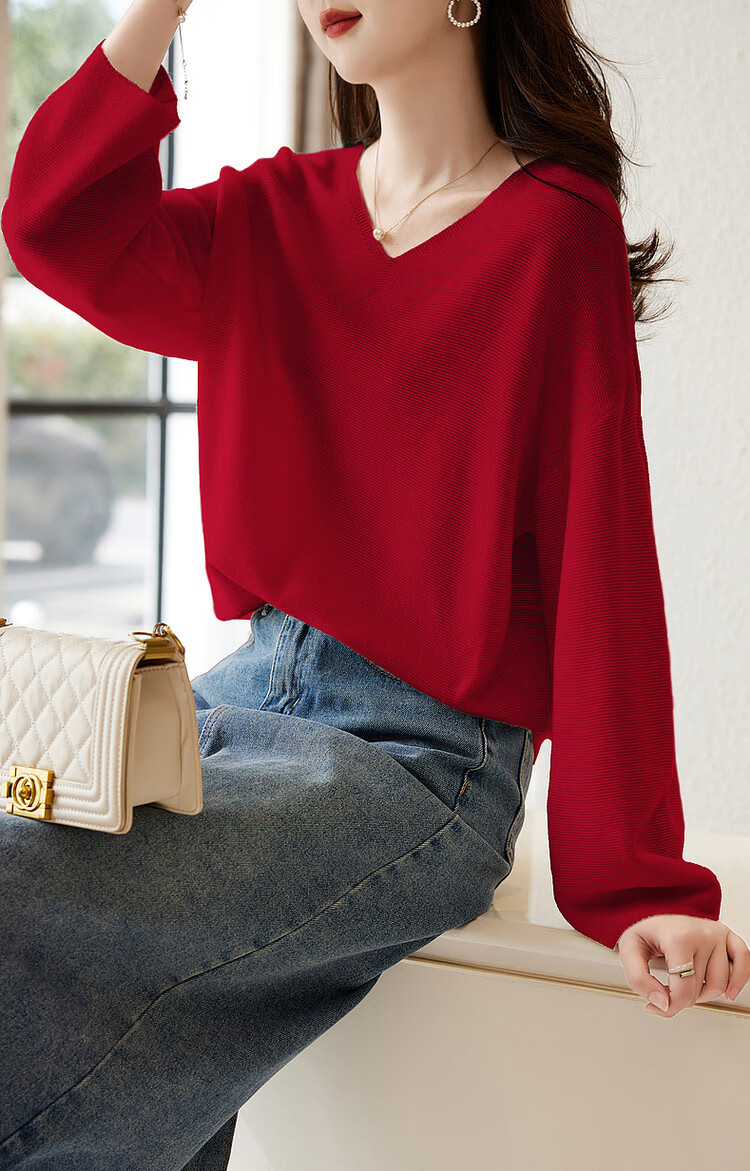 Dme [Containing Wool] Spring And Autumn French-Style V-Neck Sweater with Lantern Sleeves, Slimming And Versatile Knitted Top for Wome 16