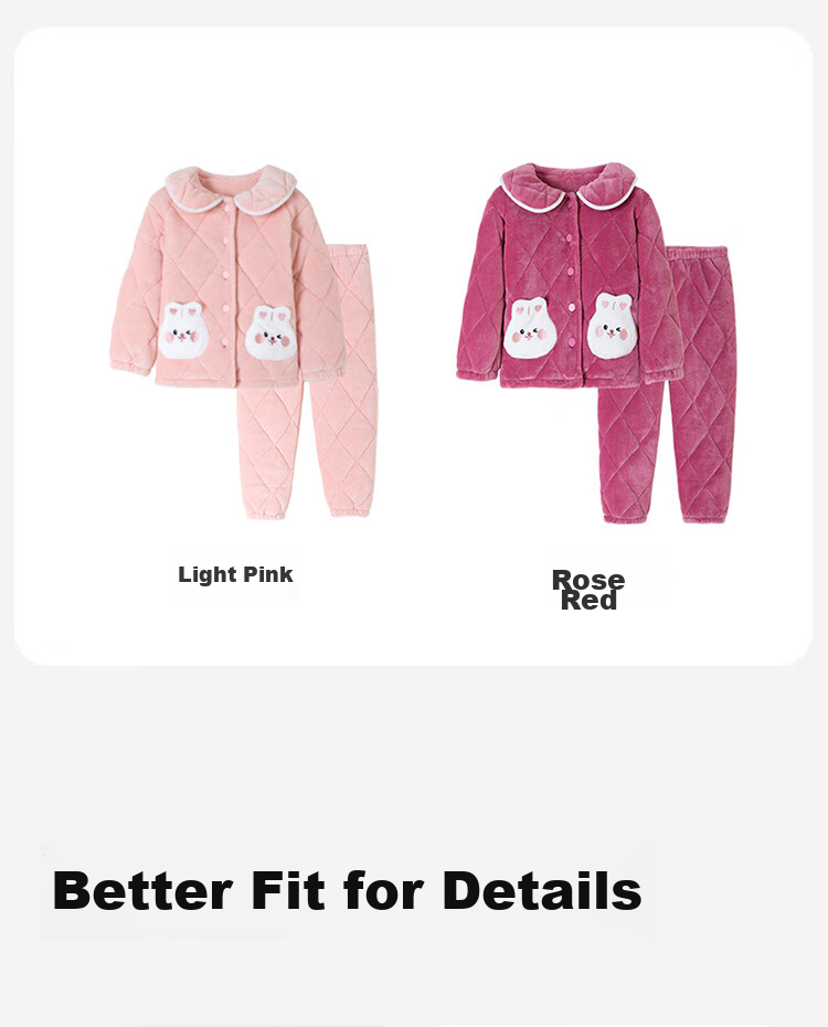 Dingguagua Girls' Pajama Set, Winter Three-Layer Quilted Thickened Flannel Sweet Cute Loungewear, Light Pink, Size 170 15
