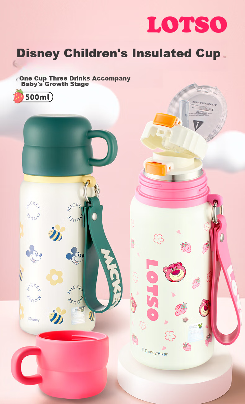 Disney Children's Insulated Cup, 316 Stainless Steel Straw Direct Drinking Water Bottle, Kindergarten And Primary School Student Water Bottle, Strawberry Bear Desig 1