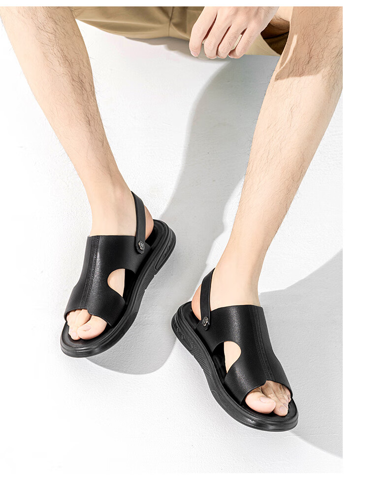 LAORENTOU Men's Summer Leather Breathable Beach Sandals Dual-use Casual Slippers LT11110 Black Size 39 10