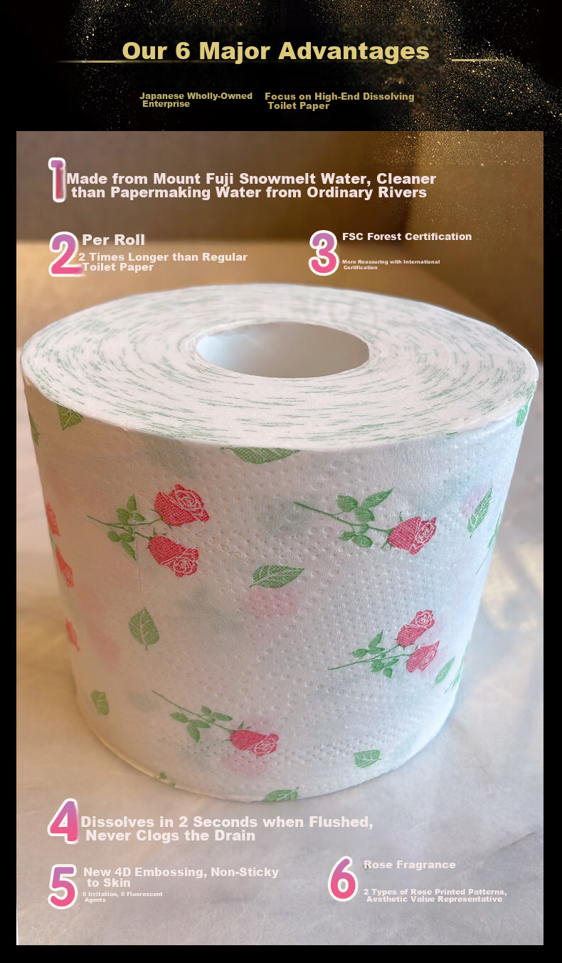 Rinuo Japanese Imported Rose Scented Toilet Paper, Water-Soluble And Quick-Dissolving, Core Roll Paper with Printed Pattern, 1 Pack 7