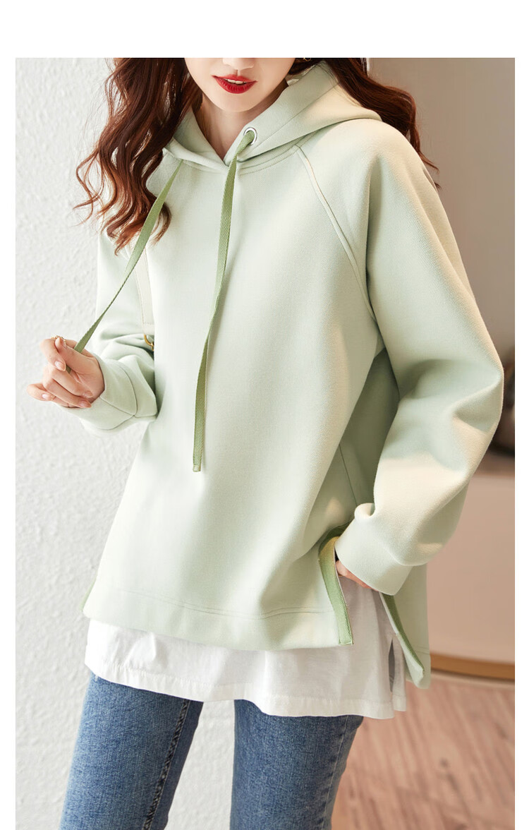 Dme [Split-Style Craftsmanship] Spring And Autumn Hooded Loose Casual Slightly Elastic Long-Sleeve Women's Sweatshirt, Light Water Green, S 13