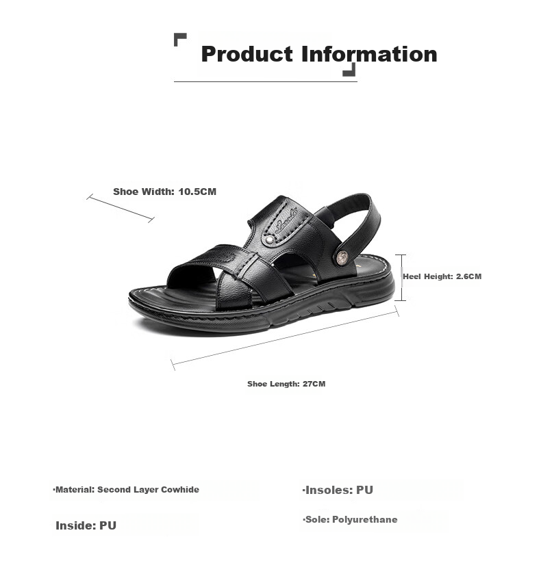 LAORENTOU Men's Sandals, Summer Beach Shoes, Cowhide Sandals And Slippers, Dual-Use Leather Sandals for Men, LT65, Black, Size 38 1