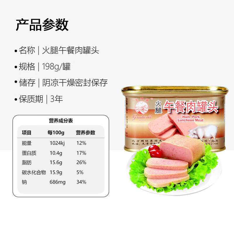 长城牌 午餐肉罐头198g 火腿猪肉 速食火锅烧烤炒饭泡面搭档中华老字号
