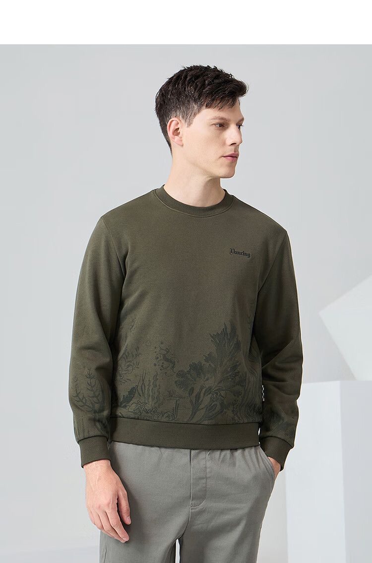 DANCING WOLVES [Heavy Fabric] Autumn And Winter Fashion Versatile Floral Subtle Pattern Crew Neck Men's Sweatshirt, Army Green, Size 175 5